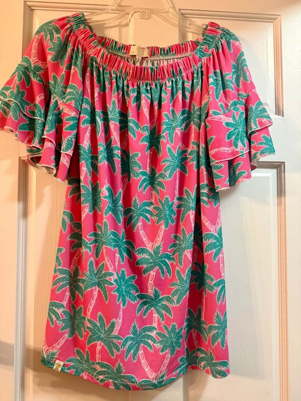 Simply Southern Pink Palm Tree Off the Shoulder Ruffle Sleeve Blouse - Picture 3 of 3